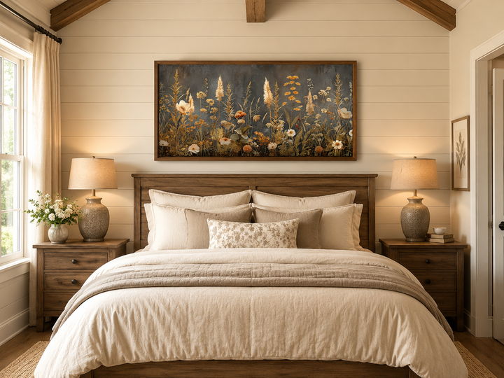 Grey beige boho wildflowers field framed canvas wall art hanging above a bed in a neutral bedroom.