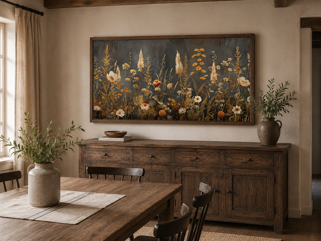 Grey beige boho wildflowers field framed canvas wall art hanging above a rustic wooden sideboard.