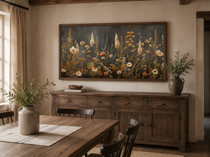 Grey beige boho wildflowers field framed canvas wall art hanging above a rustic wooden sideboard.