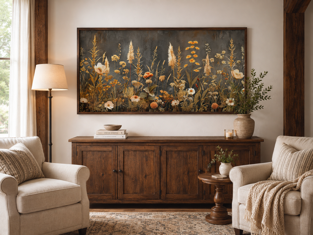 Grey beige boho wildflowers field framed canvas wall art hanging above a dark wood sideboard.