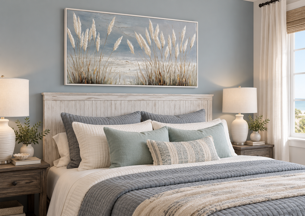 Grey boho beach grass coastal framed canvas wall art hanging above a bed in a serene bedroom.