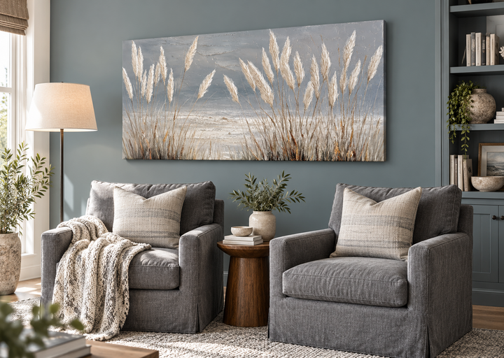 Grey boho beach grass coastal framed canvas wall art hanging above two grey armchairs.