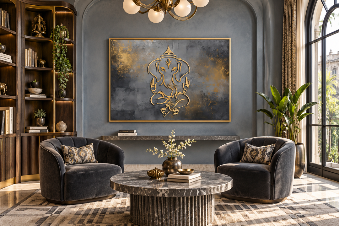 Minimalist grey and gold Lord Ganesh abstract painting in a gold frame on a blue wall.