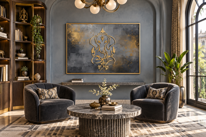 Minimalist grey and gold Lord Ganesh abstract painting in a gold frame on a blue wall.