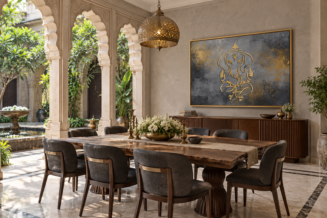 Minimalist grey and gold Lord Ganesh abstract painting in a gold frame on a dining room wall.
