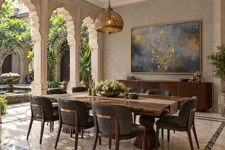 Minimalist grey and gold Lord Ganesh abstract painting in a gold frame on a dining room wall.
