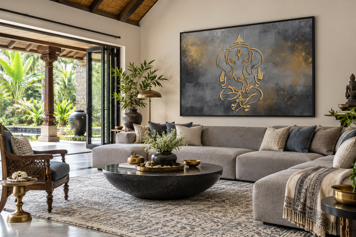 Modern framed canvas wall art featuring a gold Lord Ganesh outline on a grey abstract background.
