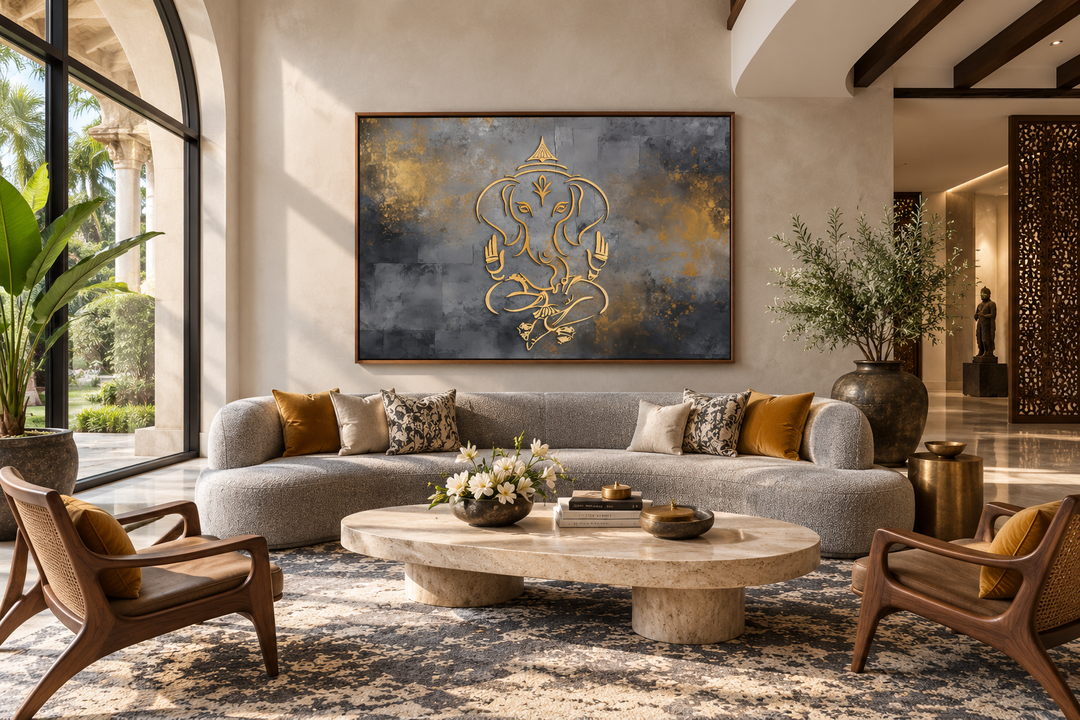 Minimalist grey and gold Lord Ganesh abstract painting in a walnut frame above a modern sofa.