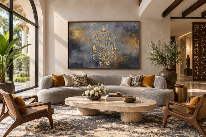 Minimalist grey and gold Lord Ganesh abstract painting in a walnut frame above a modern sofa.