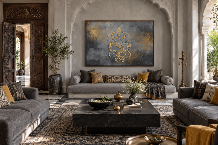 Minimalist grey and gold Lord Ganesh abstract painting in a walnut frame on a living room wall.