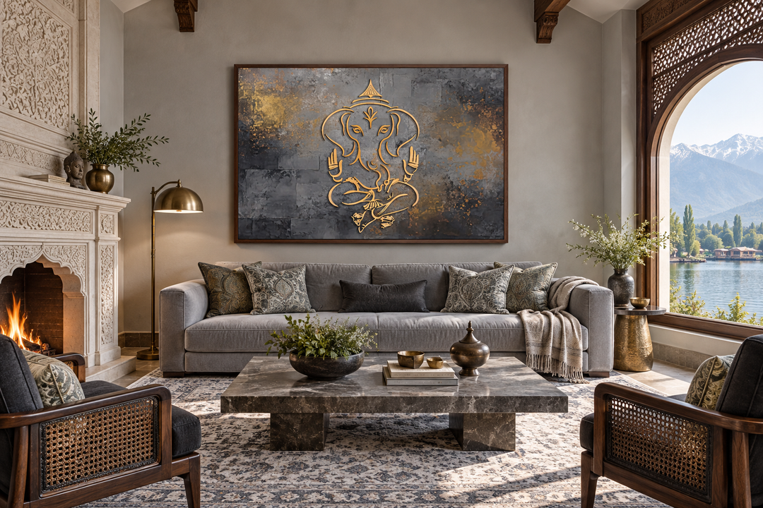 Minimalist grey and gold Lord Ganesh abstract painting in a walnut frame above a grey sofa.