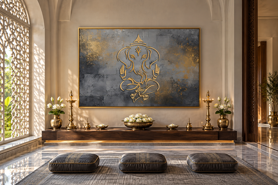 Minimalist grey and gold abstract Lord Ganesh painting in a gold frame on a modern interior wall.
