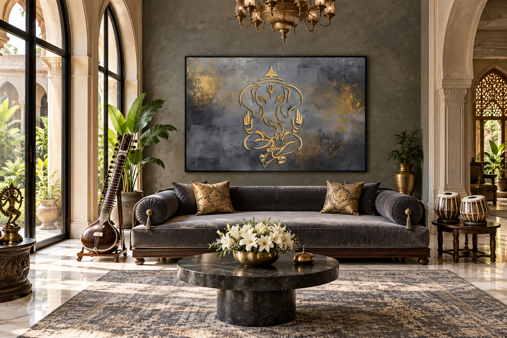 Minimalist grey and gold Lord Ganesh abstract painting in a black frame above a grey velvet sofa.