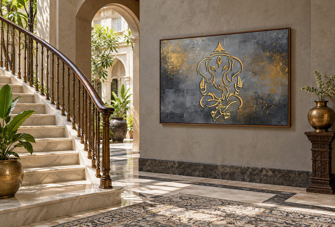 Minimalist grey and gold Lord Ganesh abstract painting in a walnut frame on a neutral wall.