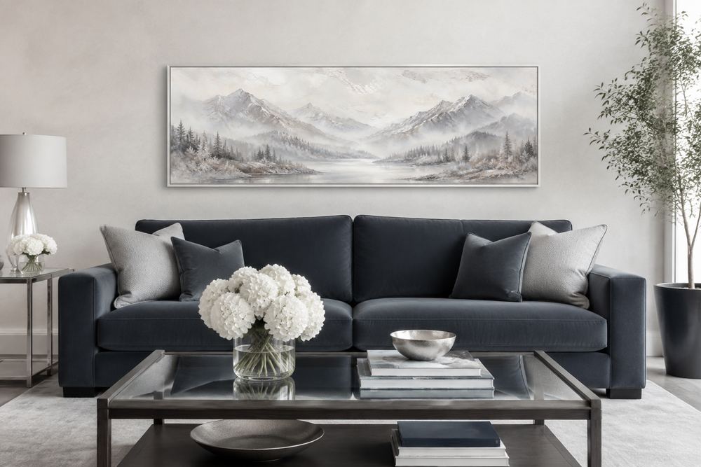 Minimalist abstract mountain panoramic wall art in grey, silver, and white above a dark blue sofa.