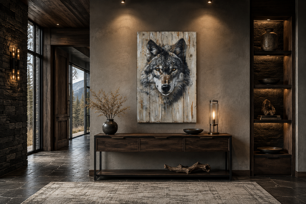 Grey wolf painting on wood-textured canvas wall art in a rustic cabin living room setting.