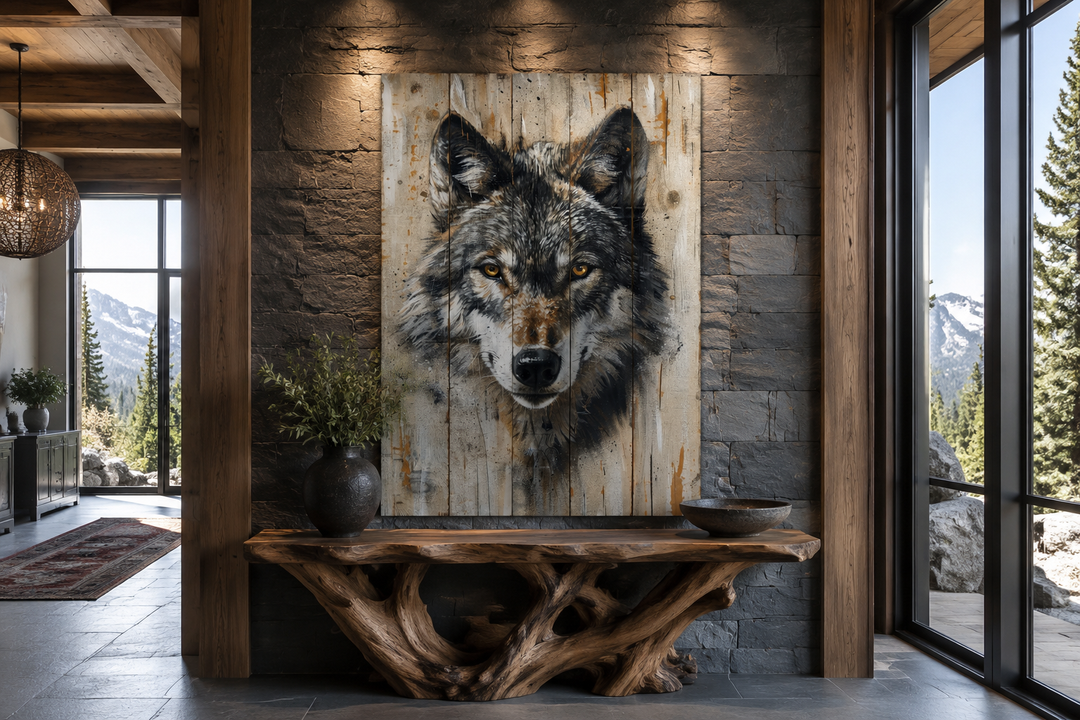 Grey wolf painting on wood-textured canvas wall art in a rustic cabin interior setting.