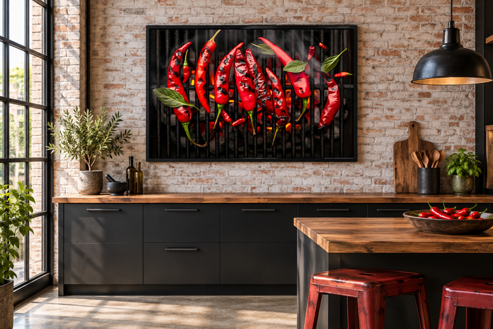 Red spicy chili peppers roasting on a grill canvas wall art in a modern industrial kitchen.