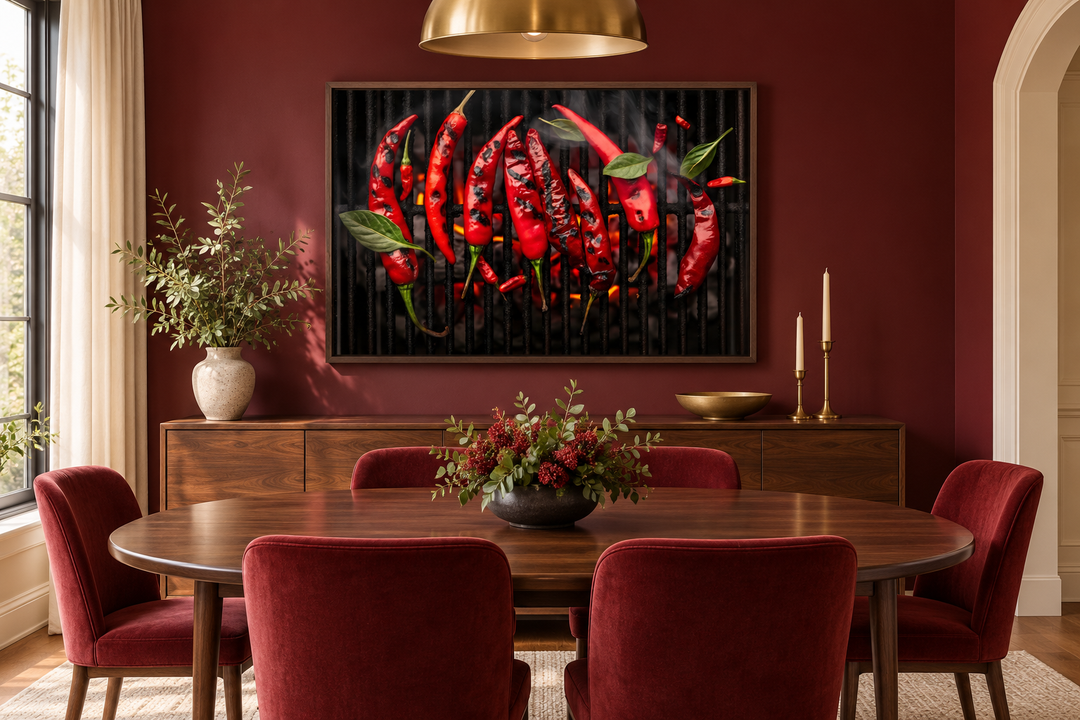 Red spicy chili pepper on grill kitchen wall art in a walnut frame above a dining table.