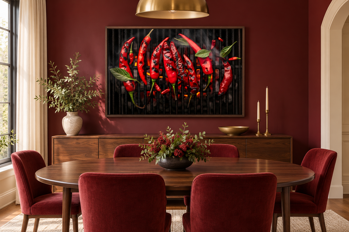 Red spicy chili pepper on grill kitchen wall art in a walnut frame above a dining table.