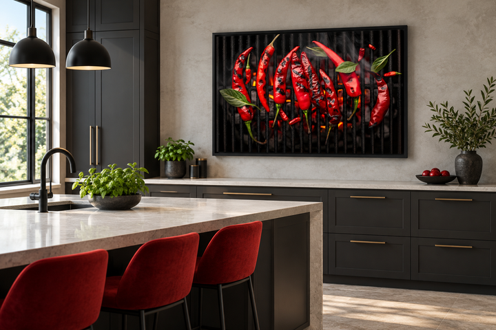 Red spicy chili pepper on grill wall art in a black frame above a modern dark kitchen counter.