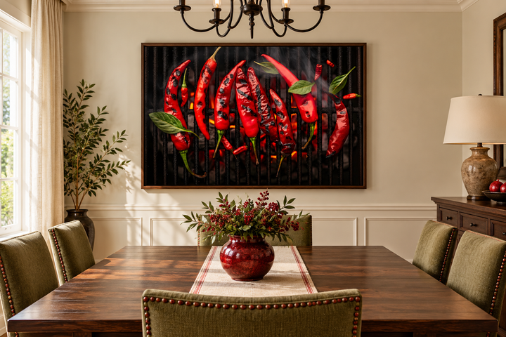 Red spicy chili peppers roasting on a grill wall art in a walnut frame above a dining table.