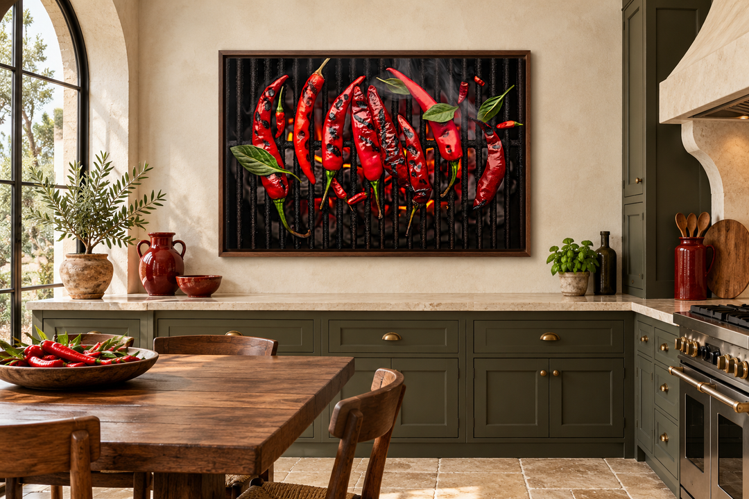 Framed wall art of red chili peppers roasting on a grill in a rustic Mediterranean kitchen.