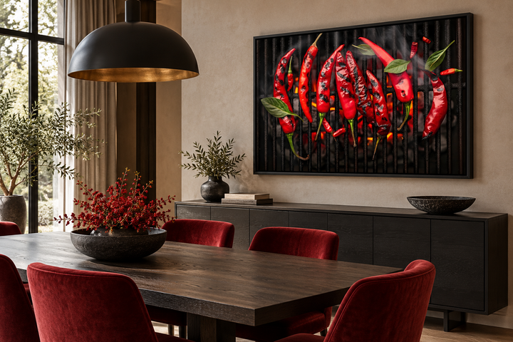 Red spicy chili peppers on a grill wall art in a black frame above a dining room sideboard.