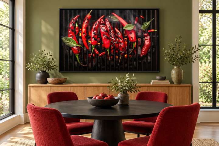 Framed wall art of red chili peppers roasting on a grill in a modern dining room setting.