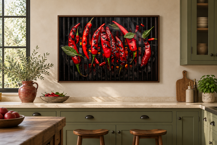 Framed canvas art of red chili peppers roasting on a grill, hanging in a green farmhouse kitchen.
