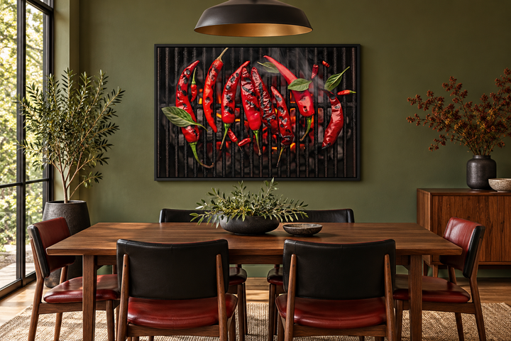 Red spicy chili pepper on grill wall art in a black frame above a mid-century modern dining table.