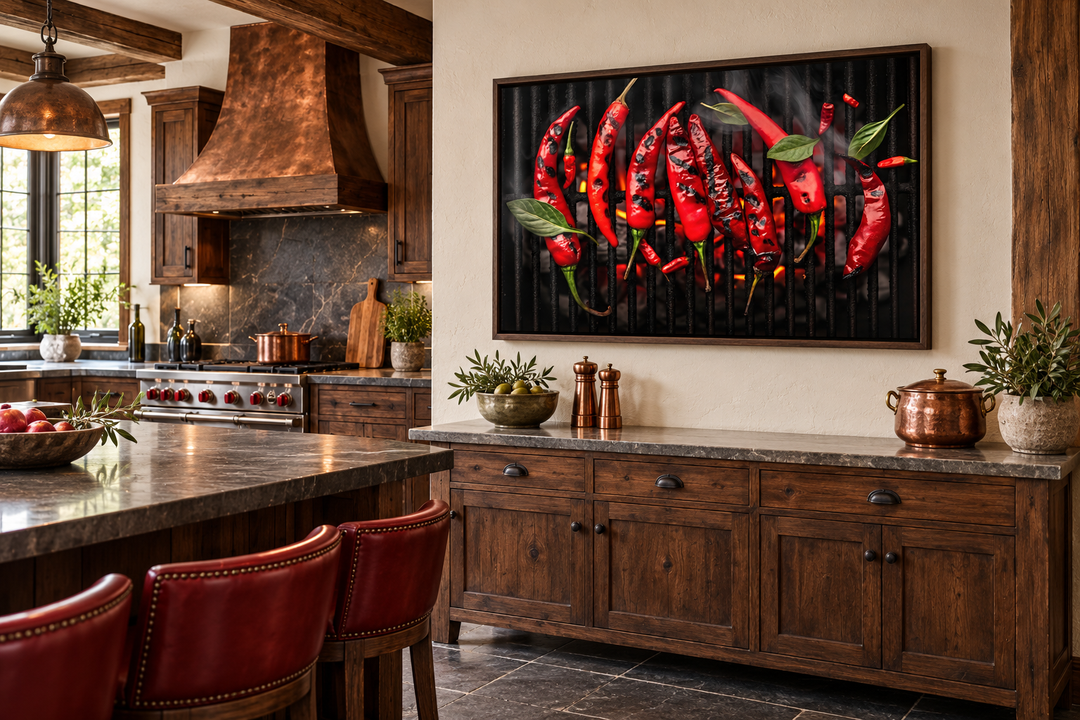 Red spicy chili peppers roasting on a grill, framed canvas wall art in a rustic kitchen setting.