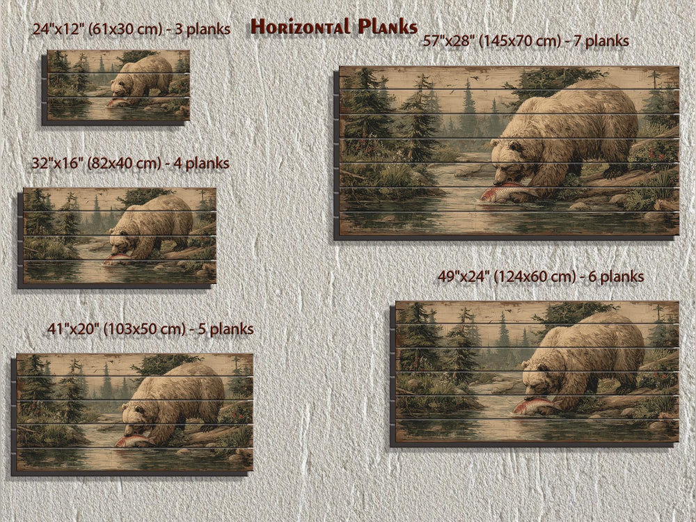 Grizzly Bear Catching Salmon Fish Distressed Wood Wall Art