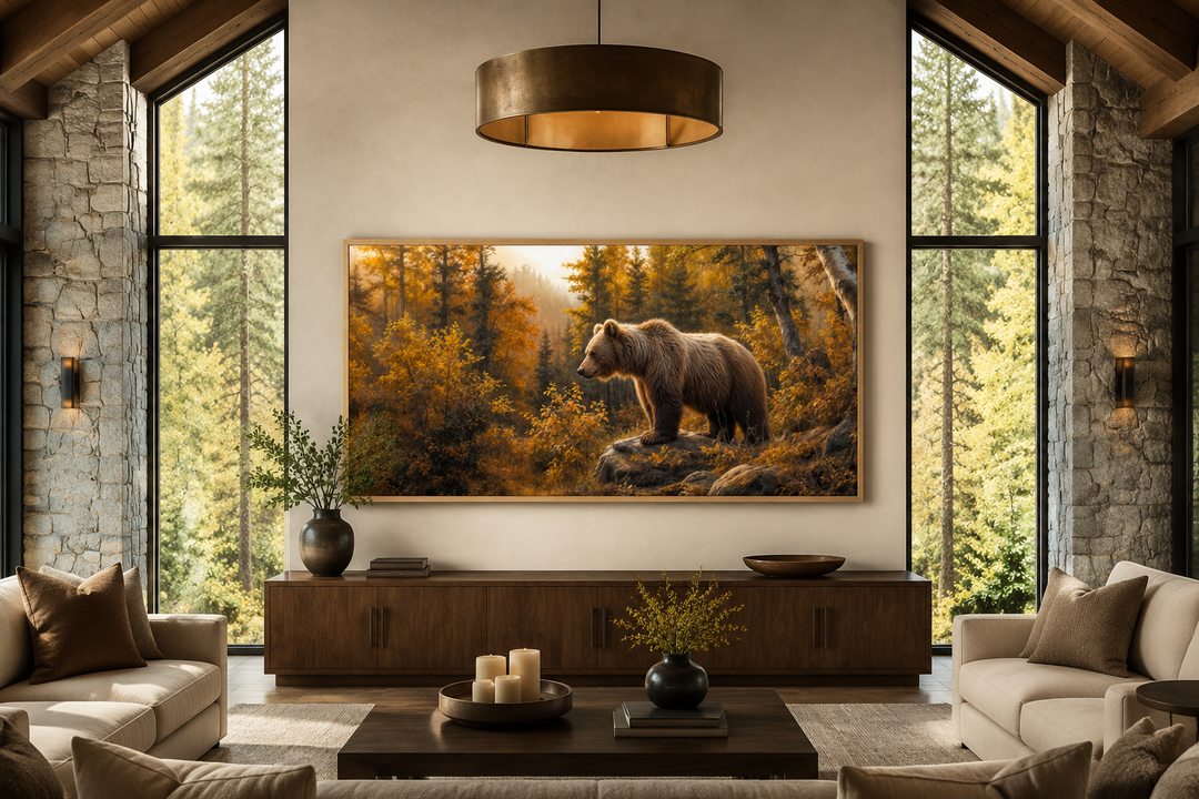 Grizzly bear in an autumn forest canvas wall art displayed in a rustic living room.