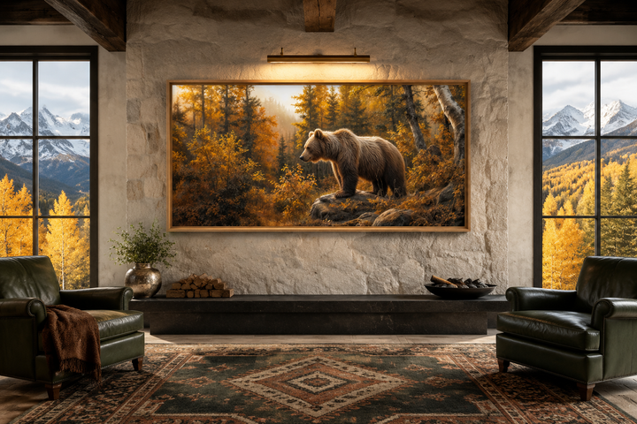Grizzly bear in autumn forest canvas wall art framed above a fireplace in a rustic cabin living room.