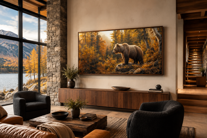 Framed canvas wall art of a grizzly bear in a golden autumn forest, displayed in a rustic room.