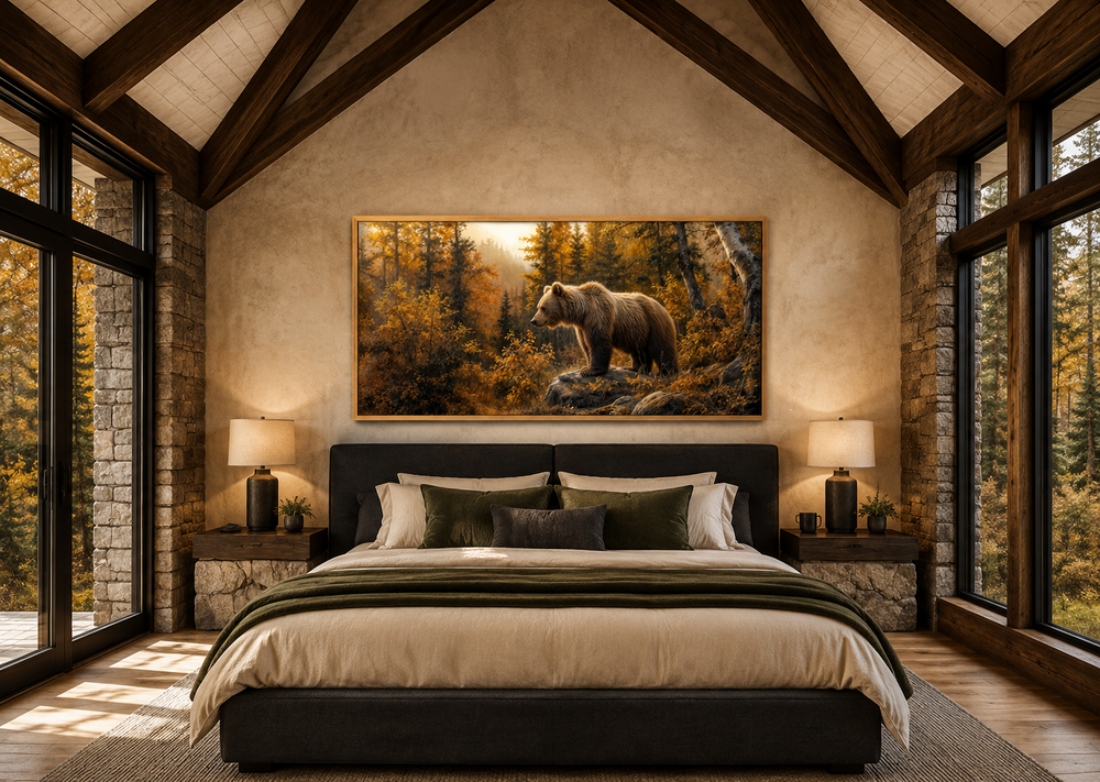 Framed canvas wall art of a grizzly bear in a golden autumn forest above a bed in a rustic cabin.