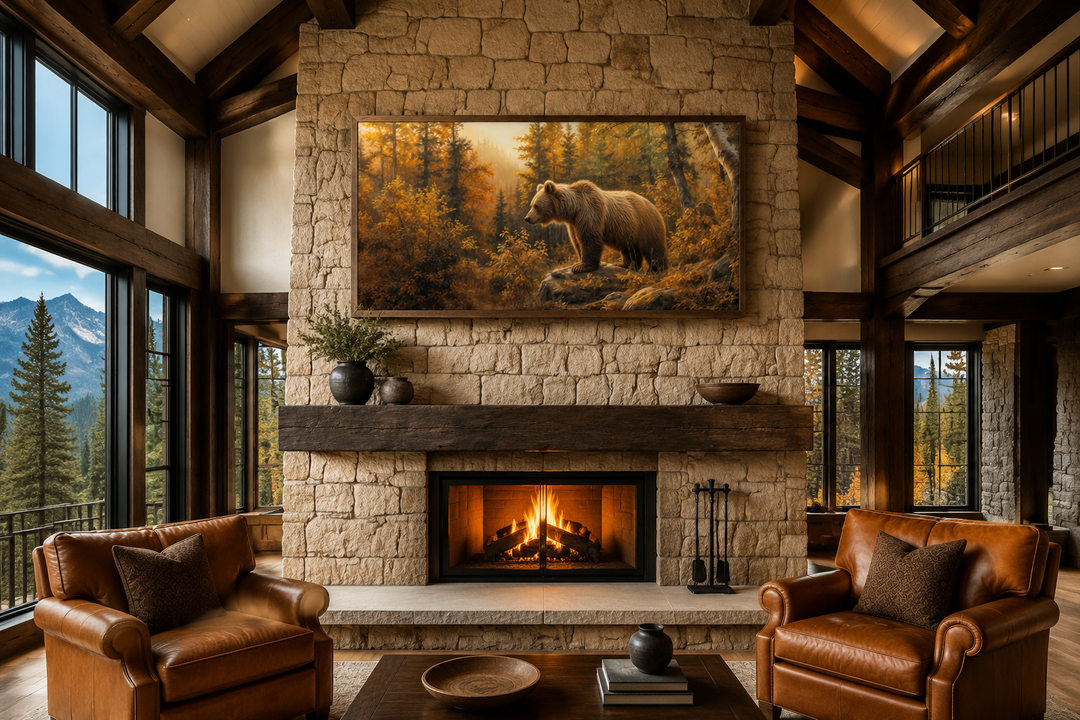 Grizzly bear in autumn forest canvas wall art hanging above a fireplace in a rustic cabin living room
