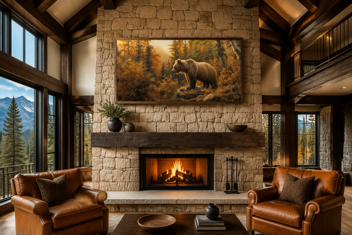 Grizzly bear in autumn forest canvas wall art hanging above a fireplace in a rustic cabin living room