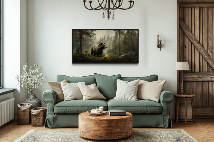 Grizzly Bear In Foggy Forest Framed Canvas Wall Art