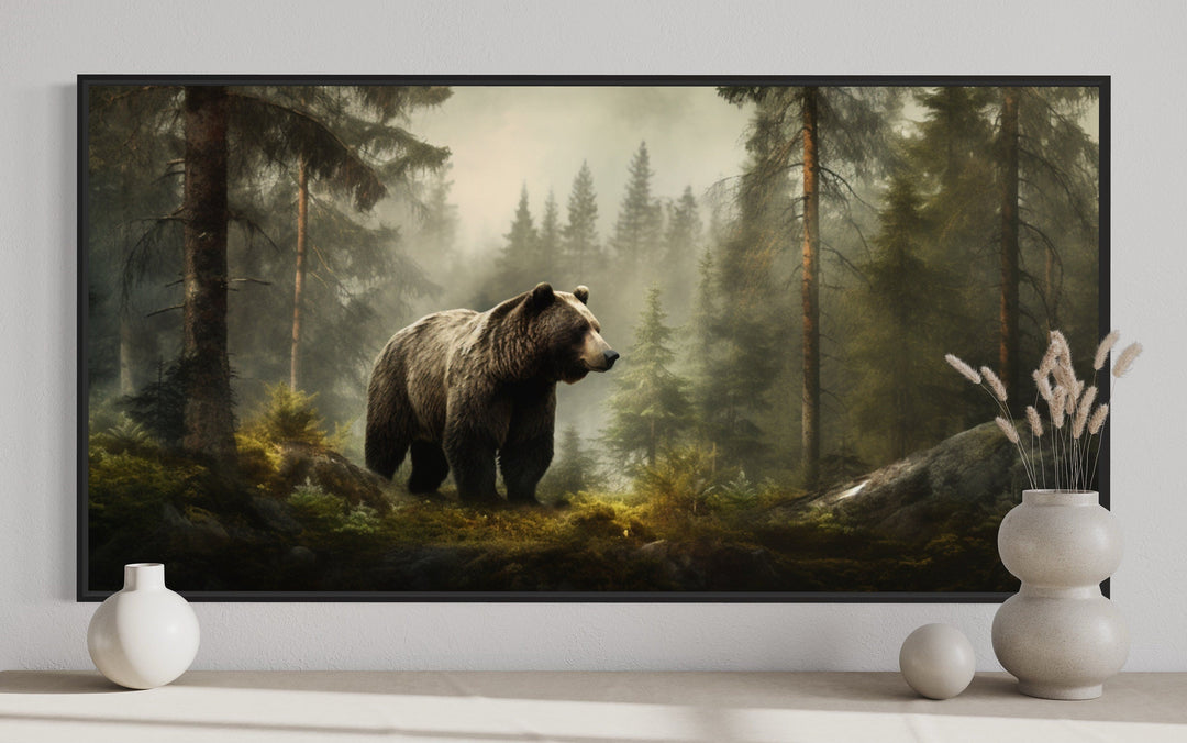 Grizzly Bear In Foggy Forest Framed Canvas Wall Art