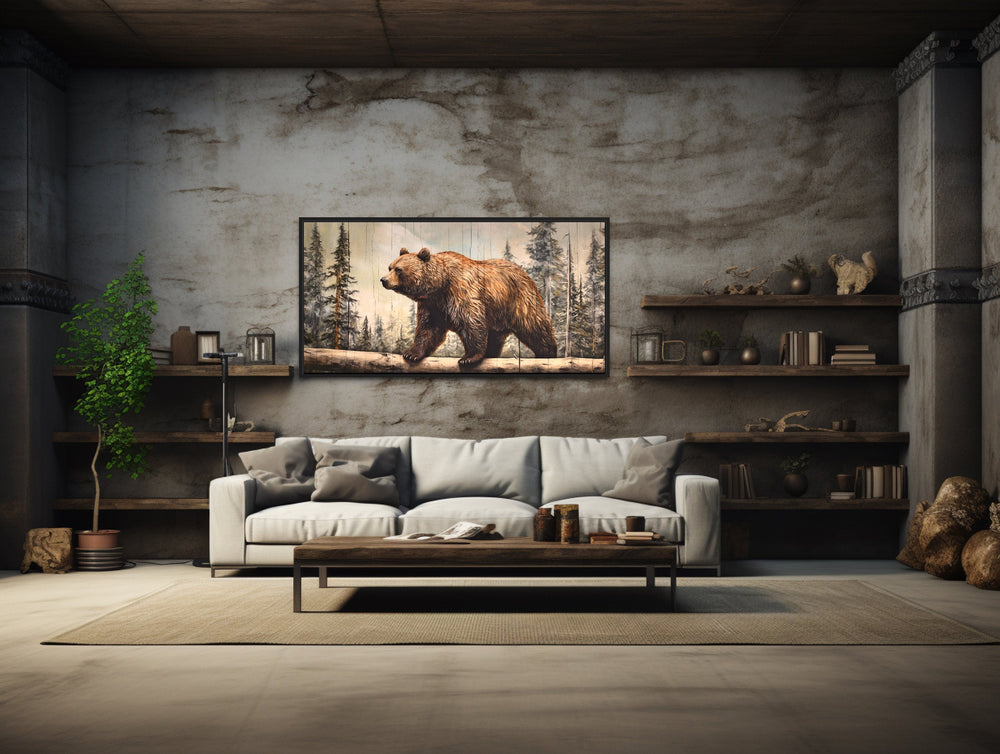 Grizzly Bear In Forest Painting On Wood Effect Rustic Framed Canvas Wall Art