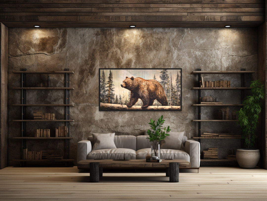 Grizzly Bear In Forest Painting On Wood Effect Rustic Framed Canvas Wall Art