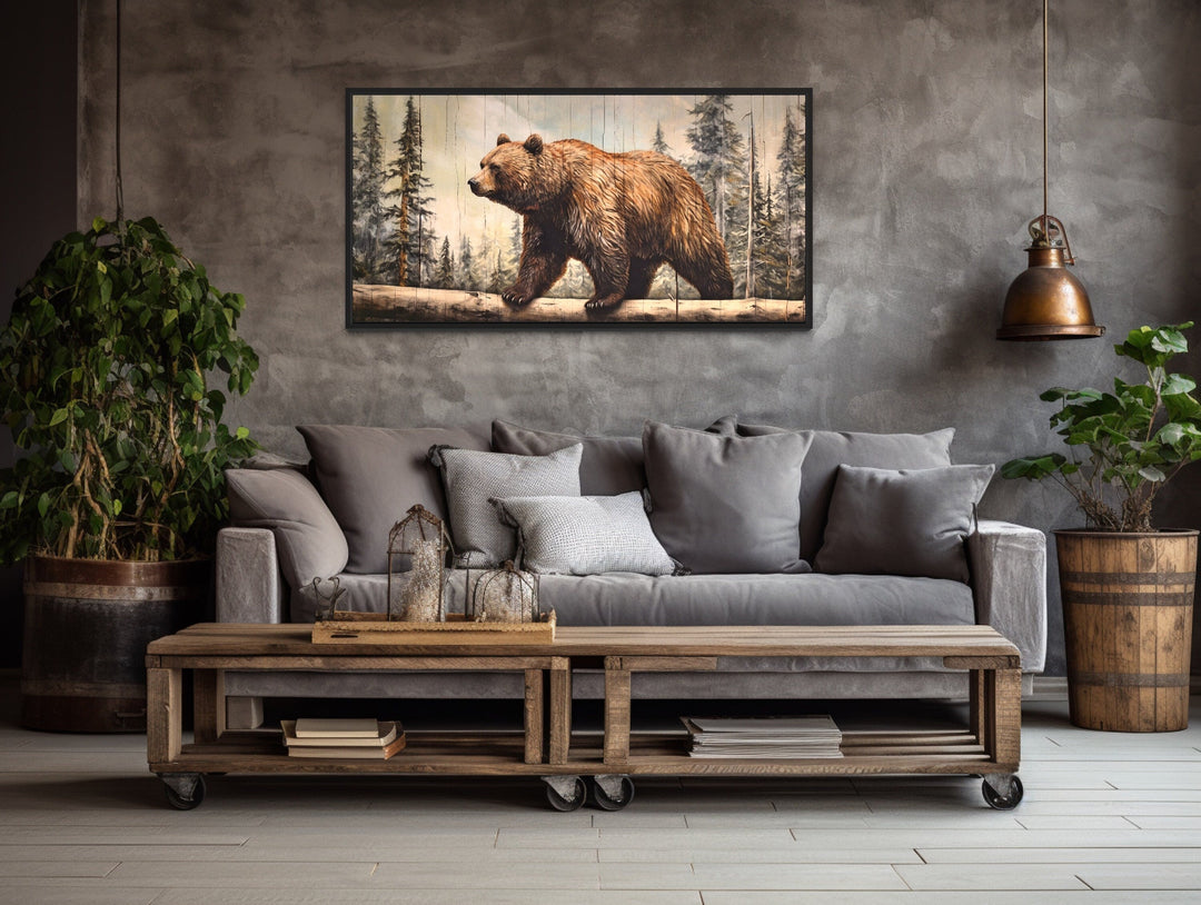 Grizzly Bear In Forest Painting On Wood Effect Rustic Framed Canvas Wall Art