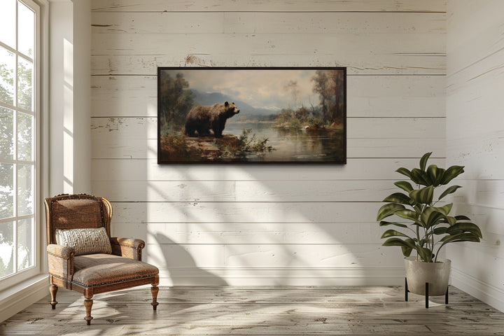 Grizzly Bear In Nature On The River Framed Canvas Wall Art