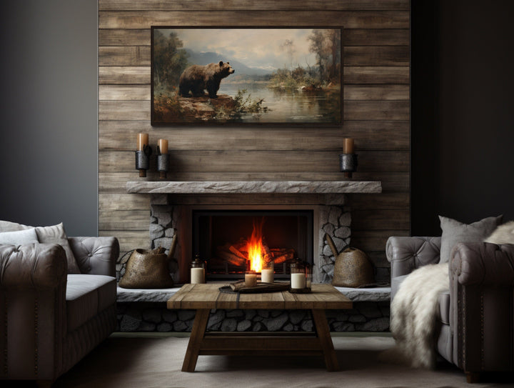 Grizzly Bear In Nature On The River Framed Canvas Wall Art