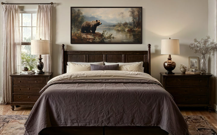 Grizzly Bear In Nature On The River Framed Canvas Wall Art