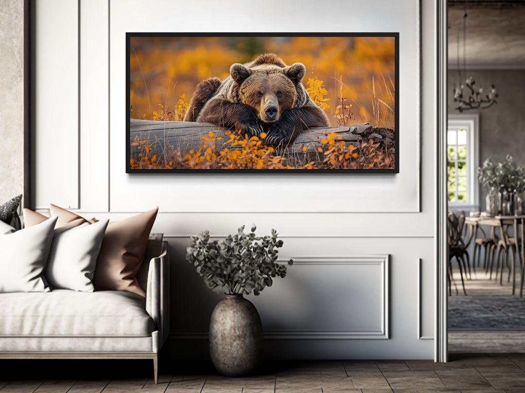 Grizzly Bear On A Log In Autumn Forest Framed Canvas Wall Art