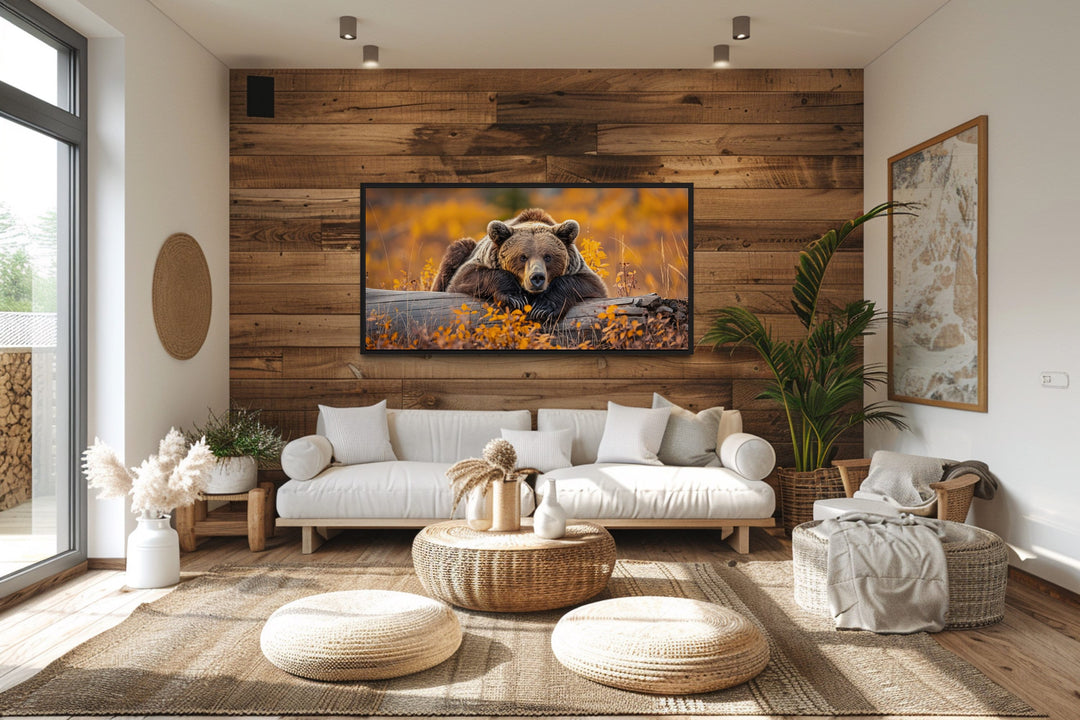 Grizzly Bear On A Log In Autumn Forest Framed Canvas Wall Art