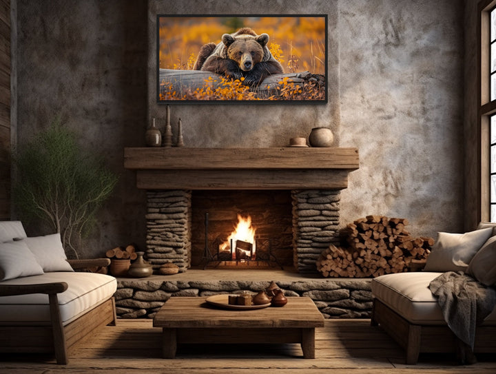 Grizzly Bear On A Log In Autumn Forest Framed Canvas Wall Art